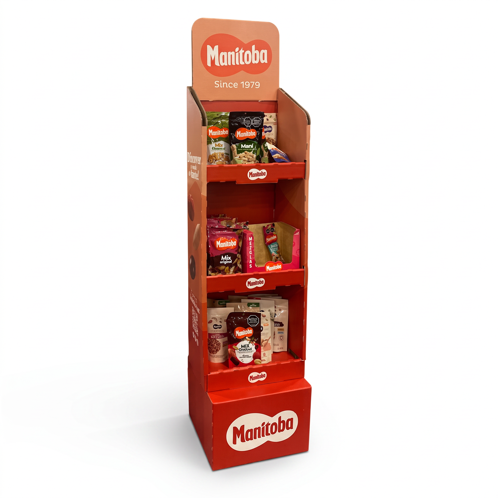 Exhibidor Cosmo – Grande 5 Mueble de cartón para exhibir productos Cosmo, vista lateral en tonos naranja