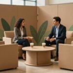 Muebles de cartón en un evento corporativo: sillones, mesa redonda y biombo impreso