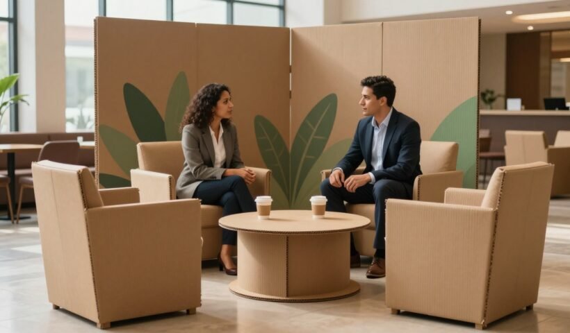 Muebles de Cartón: 7 Usos que Transforman tu Negocio 1 Muebles de cartón en un evento corporativo: sillones, mesa redonda y biombo impreso