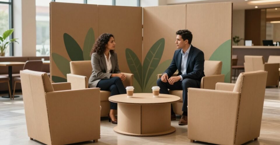 Muebles de Cartón: 7 Usos que Transforman tu Negocio 1 Muebles de cartón en un evento corporativo: sillones, mesa redonda y biombo impreso